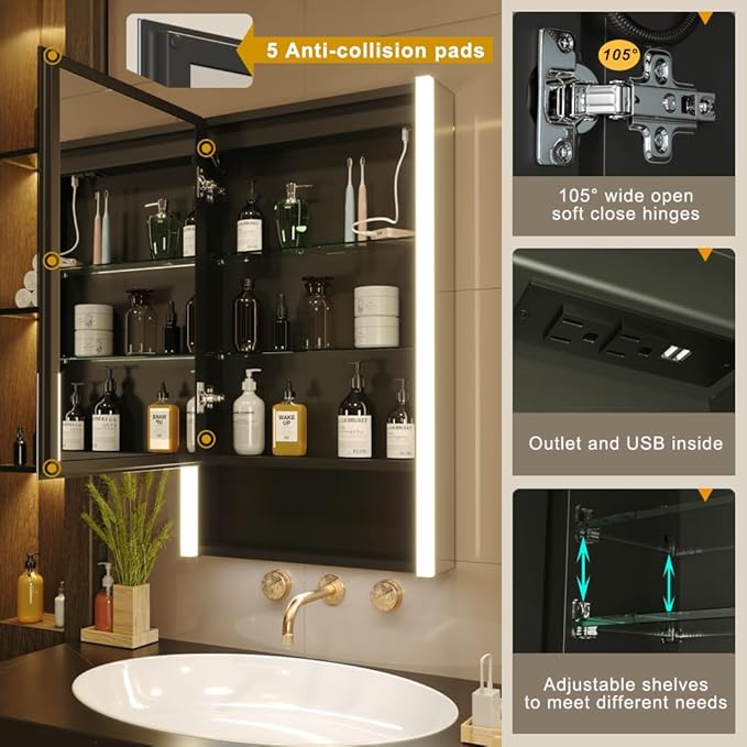 KWW LED Lighted Bathroom Medicine Cabinet with Sockets & USBs, Defogger, Dimmable, 3 Color Light Makeup Mirror, Easy to Install, Wall Mounted Cabinet (Left Hinge, 21 * 34)