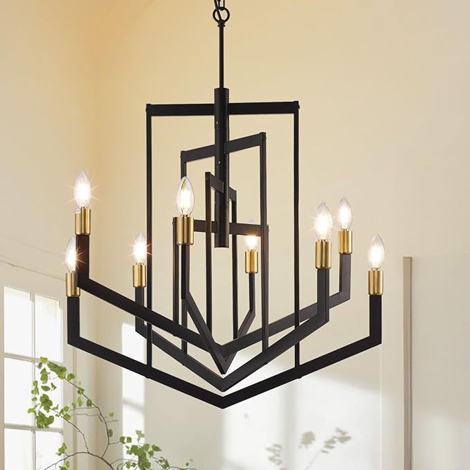 Black and Gold Chandelier,8-Light Modern Geometric Pendant Light Fixtures,Rustic Industrial Foyer Lighting Fixtures, Large Foyer Chandeliers for High Ceilings, Farmhouse Chandelier for Entryway