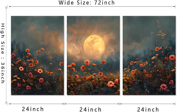 3 pcs Midnight Wildflower Framed Canvas Wall Art Moonlit Red Floral Wall Decor Nature Inspired Landscape Artwork Art Prints for Living Room Bedroom Farmhouse- 24"x36"x3pcs