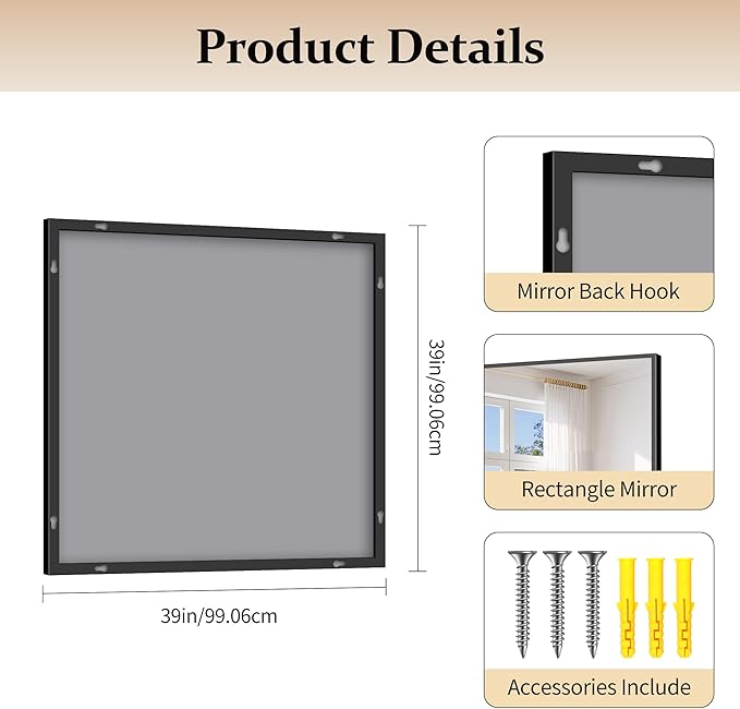 Black Bathroom Mirror for Wall, 39x39 Inch Rectangle with Metal Frame, Square Modern Vanity for Bathroom Living Room, Entryway Hangs Horizontal or Vertical