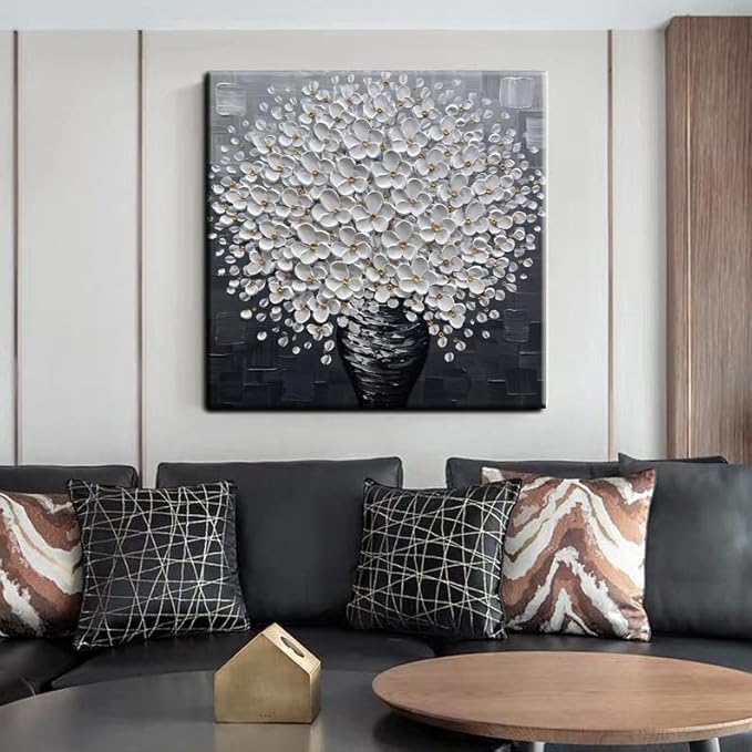Modern White Floral Wall Art Canvas, 3D Textured Flowers in Black Vase, Hand-Painted Bouquet Painting for Living Room