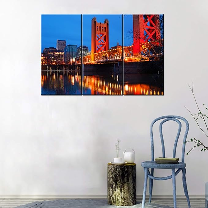 3 Pieces Modern Canvas Painting Wall Art The Picture for Home Decoration The Tower Bridge Crosses the Sacramento River in the heart of Downtown Cityscape Print On Canvas Giclee Artwork for Wall Decor