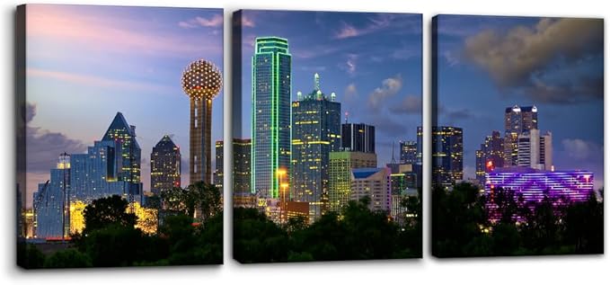 Pacimo Canvas Art Wall Decor Dallas City Skyline Pictures Landscape Painting Prints Texas Cityscape Modern Artwork Decoration for Home Decor Stretch and Framed Ready to Hang - 12"x16"x3 Panels