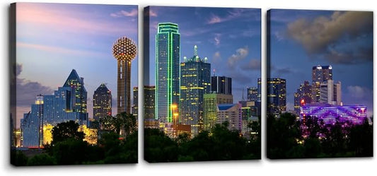 Pacimo Canvas Art Wall Decor Dallas City Skyline Pictures Landscape Painting Prints Texas Cityscape Modern Artwork Decoration for Home Decor Stretch and Framed Ready to Hang - 12"x16"x3 Panels