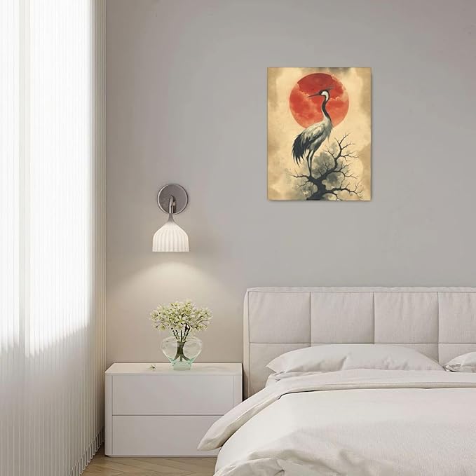Japanese Crane Wall Art Oriental Asian Wall Decor Sandhill Crane Canvas Pictures Paintings Prints Japan Traditional Aesthetic Artwork Framed Chinese Decorations For Bedroom Living Room Office Gifts 16" x 20"