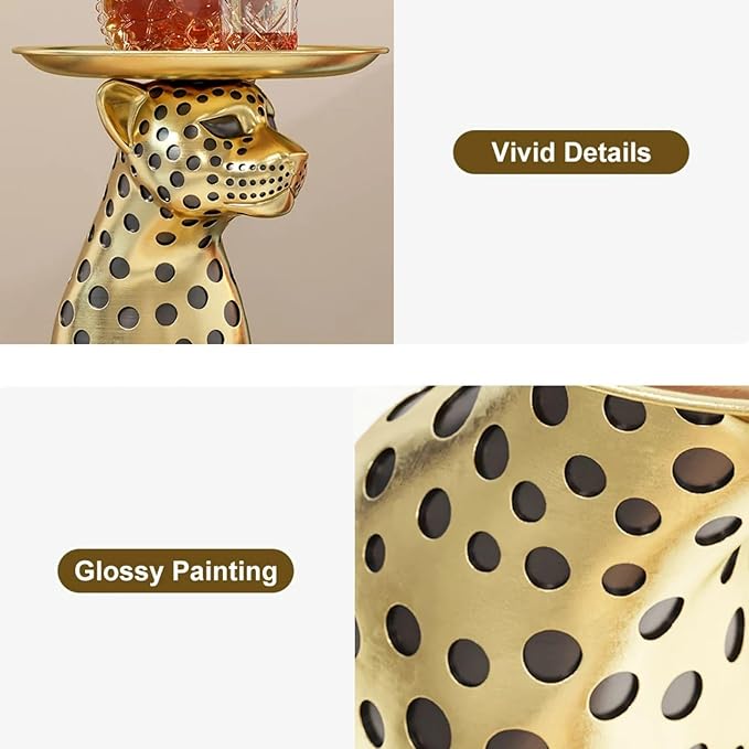 LOVEDIMA 24.2" Resin Panther Statue Luxury Gold Leopard Floor Figurine Accent Side Statue with Tray Top for Small Space Living Room Bedroom