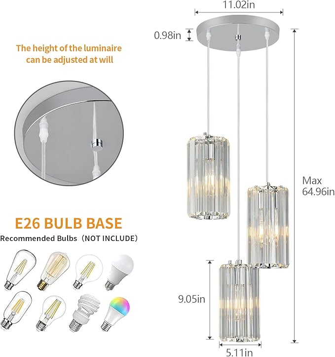 Chrome Pendant Lighting Modern Pendant Light, Mini Crystal Chandeliers,Adjustable Pendant Light Fixture for Kitchen Island Dinning Room Corridor Bedroom…(Gold 3-Light)