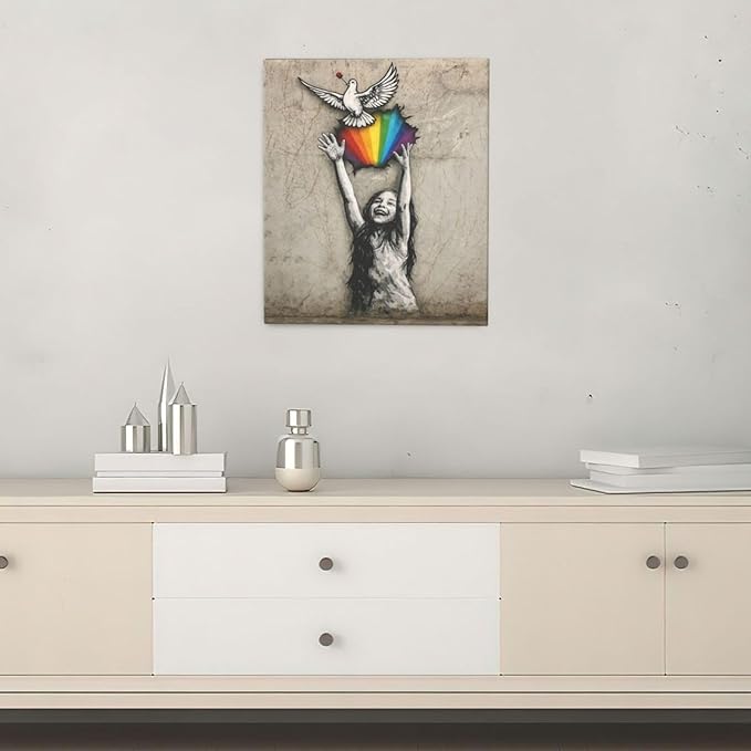 Banksy Street Graffiti Wall Art Rainbow Canvas Wall Decor Love And Peace Pictures Paintings Prints Artwork Framed Modern Decorations For Bedroom Bathroom Office Living Room Gifts 20" x 24"
