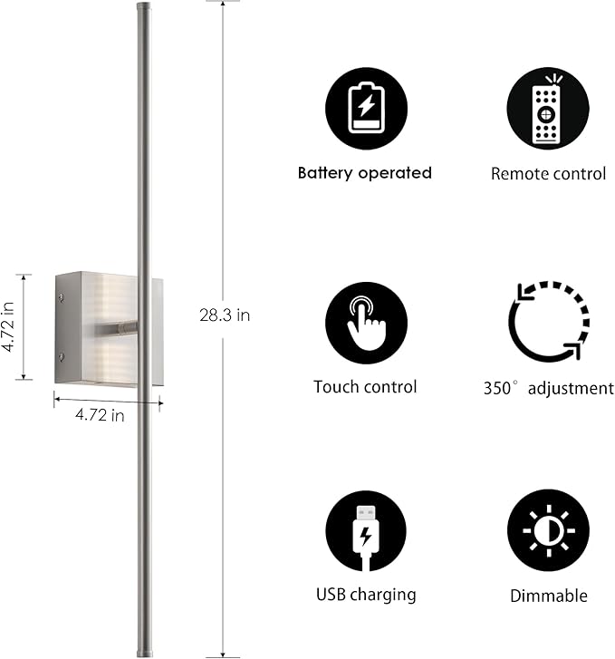 Battery Operated Wall Sconces with Remote Control, Dimmable Wall Sconces Set of Two, 350°Rotate, 3000K LED Nickel Wireless Wall Light for Living Room, Hallway, Bedroom, 28.3 Inch (2 Pack)