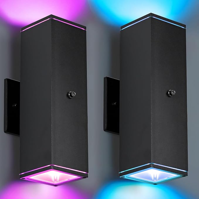 Outdoor Wall Lights 2 Pack, RGBCW Exterior Lighting Sconce,2700K-6500K Dimmable Smart Porch Lights Outdoor for House Patio Garage, Compatible with Alexa/Google Assistant, Bulb Included