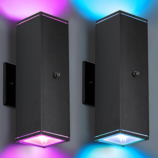 Outdoor Wall Lights 2 Pack, RGBCW Exterior Lighting Sconce,2700K-6500K Dimmable Smart Porch Lights Outdoor for House Patio Garage, Compatible with Alexa/Google Assistant, Bulb Included