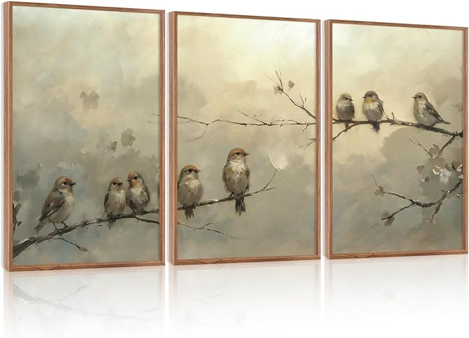 LHIUEM Large Cute Birds Framed Canvas Wall Art Set of 3(16X24in) Nature Inspired Bird Botanical Wall Decor,Big Vintage Branch Bird Painting,Natural Landscape Animal Art Prints for Living Room Bedroom