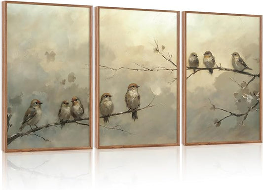 LHIUEM Large Cute Birds Framed Canvas Wall Art Set of 3(16X24in) Nature Inspired Bird Botanical Wall Decor,Big Vintage Branch Bird Painting,Natural Landscape Animal Art Prints for Living Room Bedroom