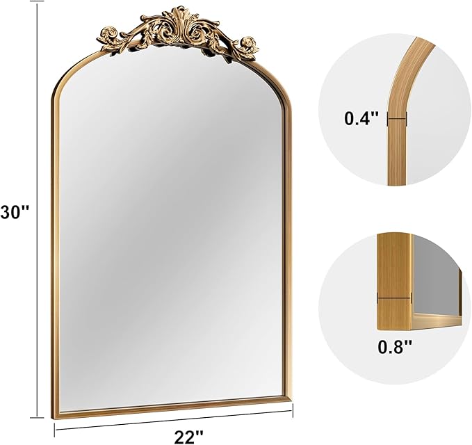Antique Arched Wall Mirror, 22"x30" Vintage Gold Bathroom Mirror - Baroque Metal Frame Brass Mirror for Living Room, Bathroom, Fireplace, Entryway, Bronze