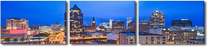 Native American Decor Skyline of Downtown Milwaukee Wall Art Cityscape Pictures Wisconsin, USA Panoramic Paintings Canvas City Skyline at Dusk Artwork Home Decor Framed Ready to Hang 16x72 Inch