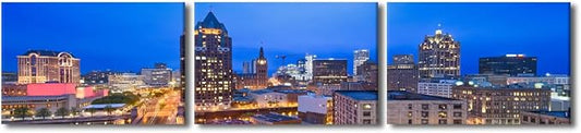Native American Decor Skyline of Downtown Milwaukee Wall Art Cityscape Pictures Wisconsin, USA Panoramic Paintings Canvas City Skyline at Dusk Artwork Home Decor Framed Ready to Hang 16x72 Inch
