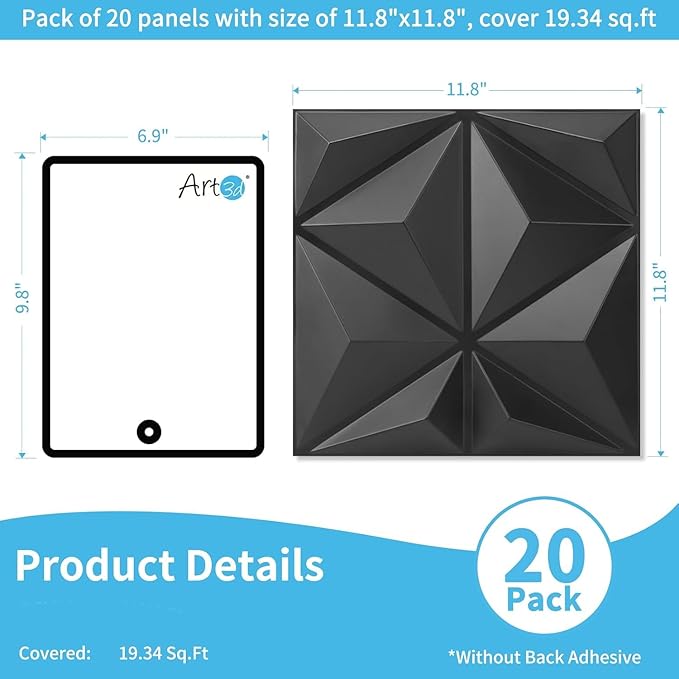Art3d 20 Pack Decorative 3D Wall Panels, 19 Sq.Feet PVC Interior Wall Décor for TV Background, Bedroom, Living Room, 11.8"x11.8", Black
