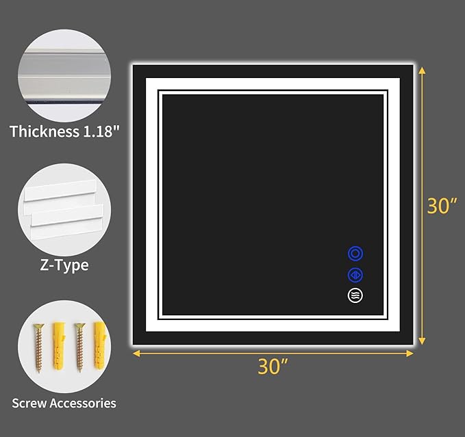 30"x30" LED Bathroom Mirror with Anti-Fog, Stepless Dimmable Lights, 3 Color Modes, Shatter-Proof Tempered Glass, Memory Function & Waterproof Design