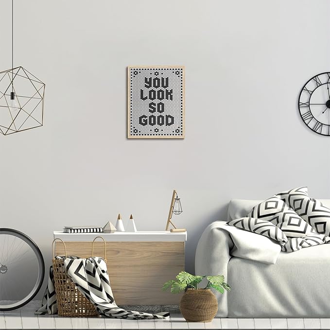 KISSFOX Western You Look So Good OAK Wood Framed Wall Art Farmhouse Geometric Typography Canvas Art Prints Rustic Hexagon Pictures Wall Decor Southwestern Artwork For Bistro Bathroom Bedroom Kitchen