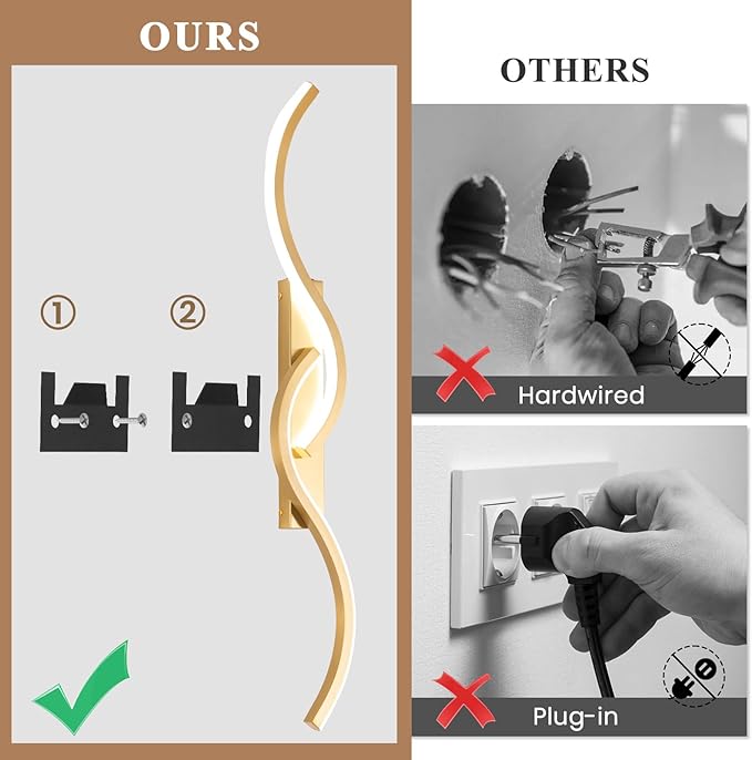 Battery Operated Wall Sconces, Rechargeable Wall Sconces, 3000K-6500K LED Wireless Wall Light, Modern Wall Lamp not Hardwired for Living Room Bedroom Hallway (Gold)