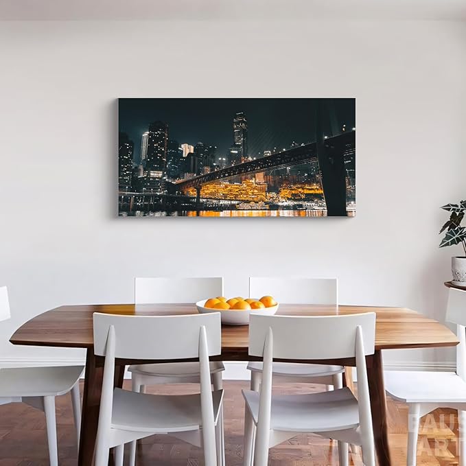 NAN Wind 1PCS Chongqing City Nightscape Canvas Wall Art Illuminated Chinese Skyline with Bridge Skyscrapers Modern Urban Landscape Photography Print for Living Room Office Bedroom Decor