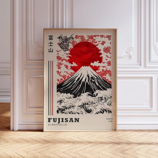 Mount Fuji Poster, Traditional Japanese Wall Art Print with Red Sun and Wave Landscape, Japandi Style Asian Home Decor for Bedroom, Living Room or Gallery Wall (Unframed) (11x14)