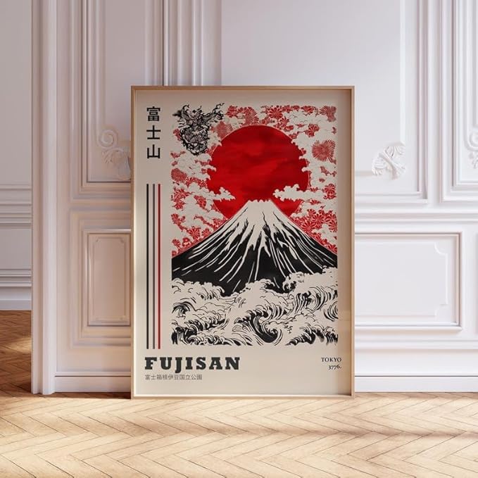 Mount Fuji Poster, Traditional Japanese Wall Art Print with Red Sun and Wave Landscape, Japandi Style Asian Home Decor for Bedroom, Living Room or Gallery Wall (Unframed) (12x18)