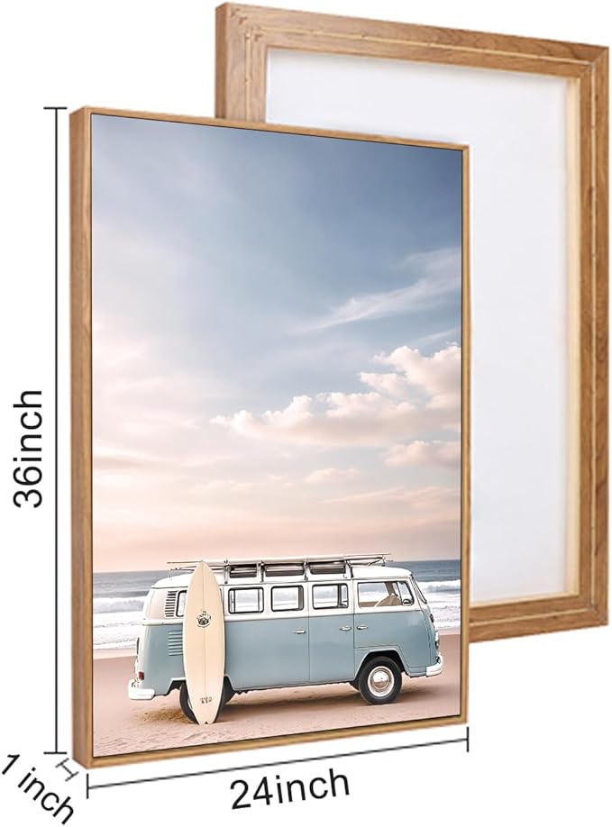 Ausril Large Ocean Beach Framed Canvas Wall Art Set, Bus and Palm Tree Wall Decor, Coastal Beach Surfboard Wall Painting, Modern Seaside Art Prints for Living Room, Bedroom, Dining Room - 24"x36"x3