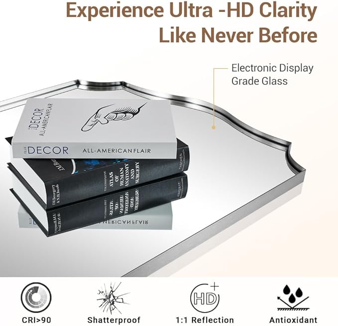 ANDY STAR Brushed Nickel Bathroom Mirror, 24x36’’ Silver Wavy Wall Mirror, Modern Bathroom Vanity Mirror HD Reflection, Anti-Rust Metal Frame Mirror for Bathroom Hangs Vertical or Horizontal