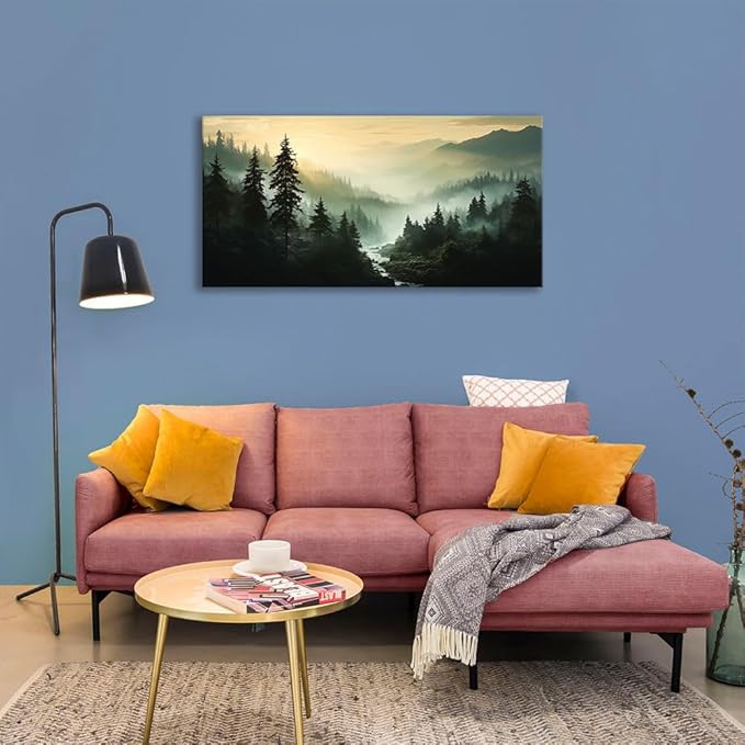 BYXART Misty Forest Canvas Wall Art Foggy Mountain Landscape Nature Picture Decor for Bathroom Living Room Pine Trees Smoky Scenery Painting Artwork for Bedroom Home Office Decorations 40L x20W