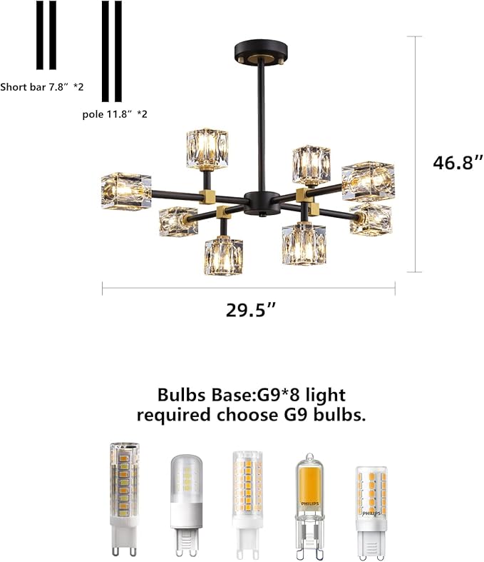 Black Sputnik Chandelier,Crystal Chandeliers with 8-Lights,Modern Semi Flush Mount Ceiling Light Fixture with Adjustable Height,Pendant Light Fixture for dining room,kitchen island,bedroom,living room