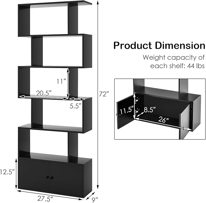 6-Tier Geometric Bookcase Set of 2, 72” Freestanding Room Divider Bookshelf with Open Display Shelves & Storage Cabinet, Wood S-Shaped Storage Organizer for Living Room, Bedroom & Home Office