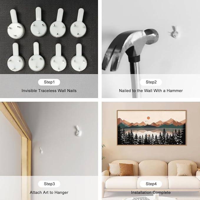 KAIRNE Mountain Framed Canvas Wall Art, Mid Century Modern Decor, Boho Wall Art Painting, Lake Pines Tree Sunset Nature Landscape Art Print for Living Room, Bedroom, Office, Dining Room- 20"x40"x1