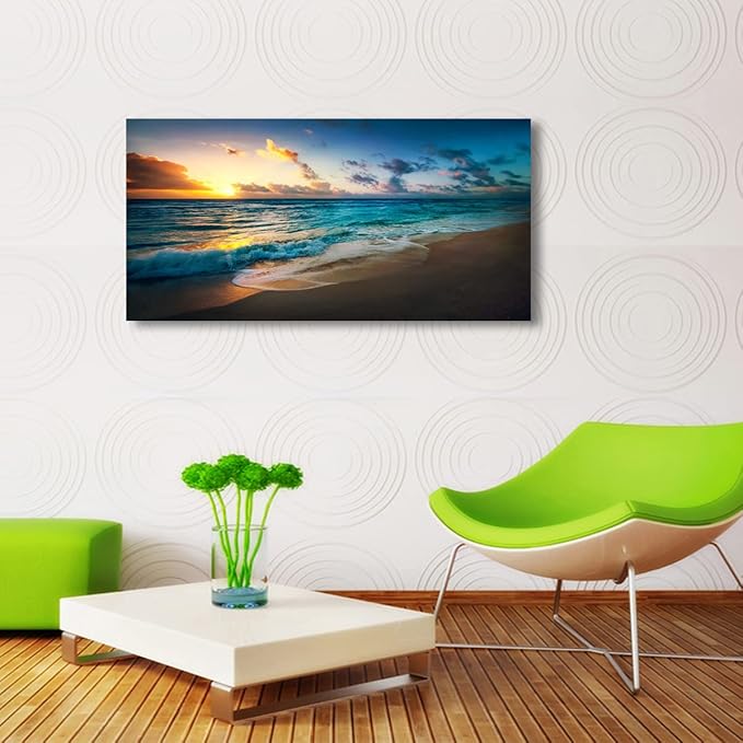 Beach Pictures Wall Art Canvas Prints Seascape Themed Decor for Home Sea Ocean Sunset Paintings for Living Room Bathroom Wall Decorations Natural Landscape Artwork Wooden Picture Frames 28x57 inches