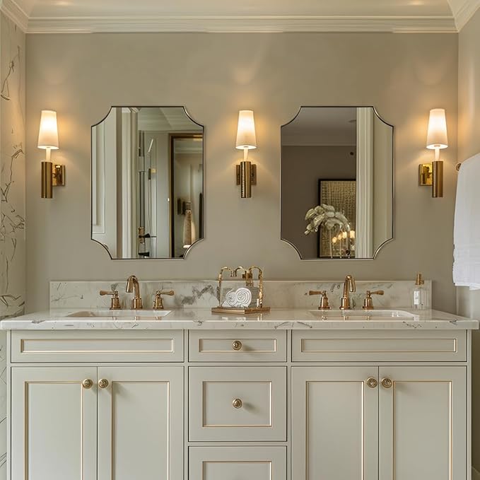 Brushed Brass Bathroom Mirror, 22x30 Inch Notched Corner Scalloped Rectangle Gold Bathroom Wall Mirror, in Anti-Rust Stainless Steel Metal Frame Hang Vertical/Horizontal for Home Decor