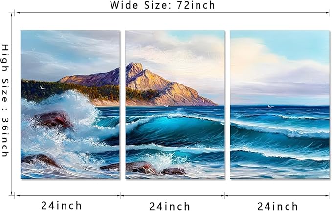 Large Canvas Wall Art for Living Room Blue Ocean Beach Sea Waves Nature Landscape Seascape Painting Modern Minimalist Seascape Coastal Artwork for Bedroom Office Framed - 24x36inchx3Pcs