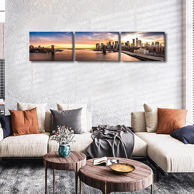 New York Cityscape Wall Art Painting on Canvas Brooklyn Bridge Panorama at Sunset Bedroom Wall Art Modern Home Decor House Decorations for Living Room Bathroom Pictures Framed Ready to Hang 12x48 Inch