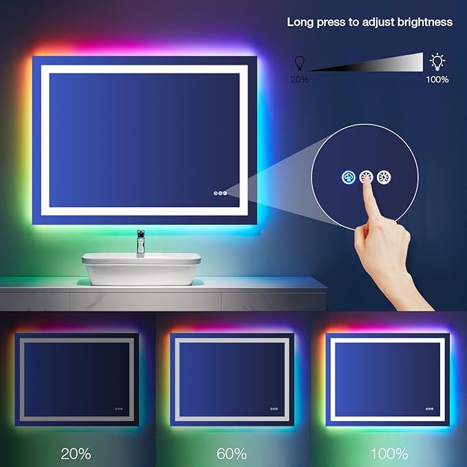 LOAAO 40"X32" LED Bathroom Mirror with Lights, Anti-Fog, Dimmable, RGB Backlit + Front Lighted, Bathroom Vanity Mirror for Wall, Memory Function, Colorful Multiple Light Modes