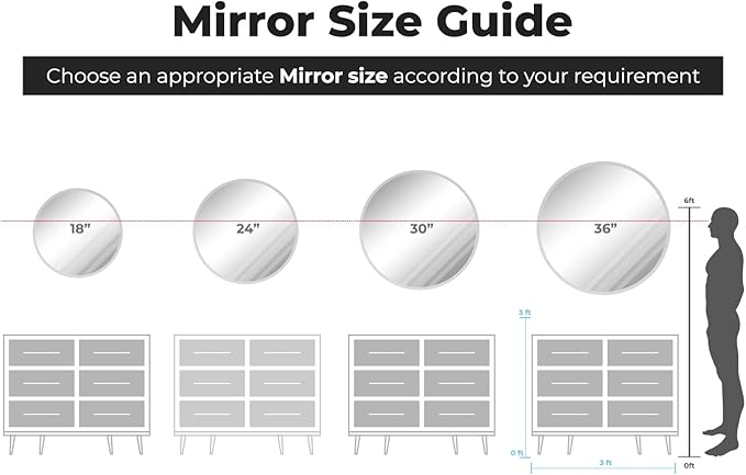 Large Round Mirror Frameless 1" Inch Beveled Wall Mounted Mirror with Safety Backing | Silver Backed Round Glass Mirror for Vanity, Entryways, Bathroom, Living Rooms with Hooks