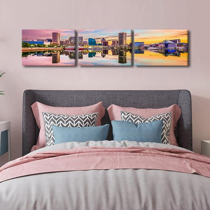 Canvas Wall Art for Living Room Baltimore Maryland Modern Home Decor USA Skyline on the Inner Harbor HD Printed Posters for Bedroom Office Wall Art Painting Bathroom Pictures Ready to Hang 16x72 Inch