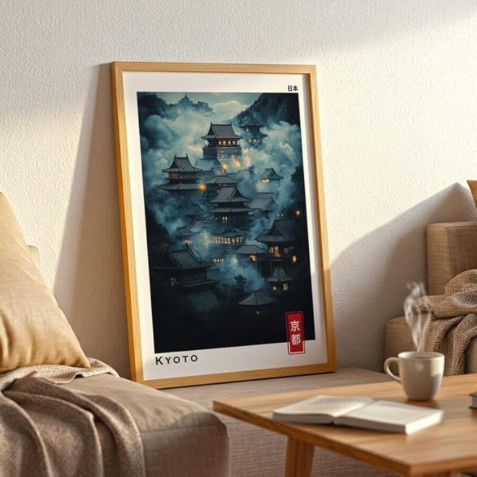 Kyoto Mystic Village Poster, Japanese Temple Wall Art Print with Night Landscape, Japandi Asian Artwork, Traditional Home Decor for Bedroom, Gallery or Living Room (Unframed) (16x24)