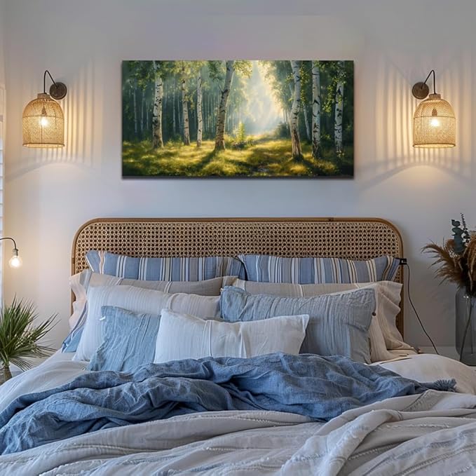 Nature Wall Art Forest Scenery Wall Art Landscape Pictures Green Birch Tree Canvas Print Beautiful Painting Decor for Living Room Mountain Canvas for Home Office Decorations 20x40Inch