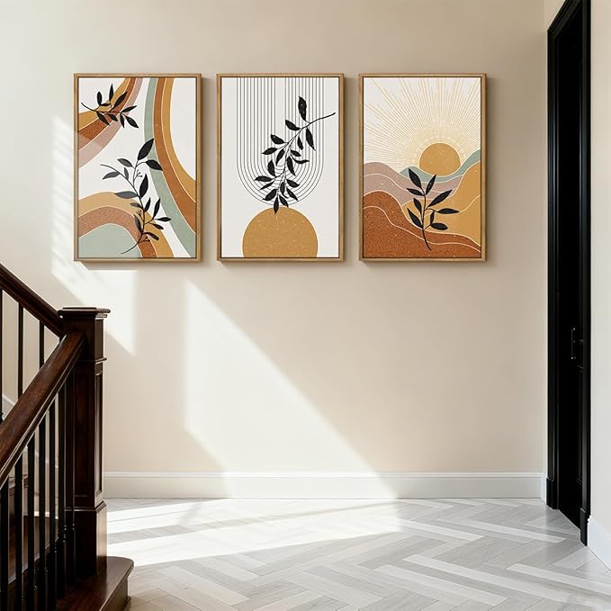 BINCUE Large Boho Framed Wall Art Painting Mid Century Modern Decor Prints for Living Room Bedroom Bathroom 16x24 Inch 3 Pieces