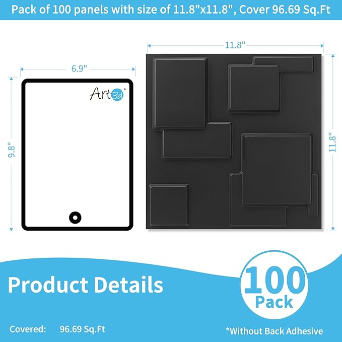 Art3d 100 Pack Decorative 3D Wall Panels, 97 Sq.Feet PVC Interior Wall Décor, 11.8"x11.8", Black