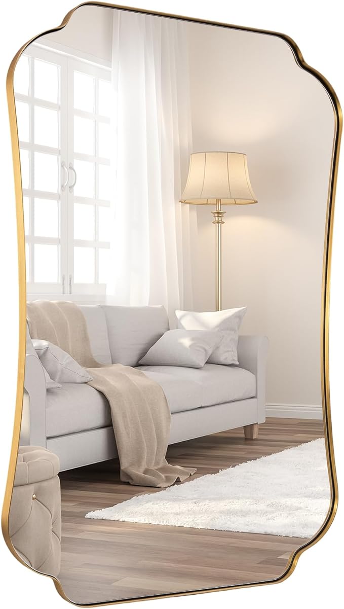 ANDY STAR 24"x32" Gold Mirror, Brushed Brass Scalloped Wall Mirror, Bathroom Wall Mirror with Stainless Steel Metal Framed Ideal for Bedroom, Hallway
