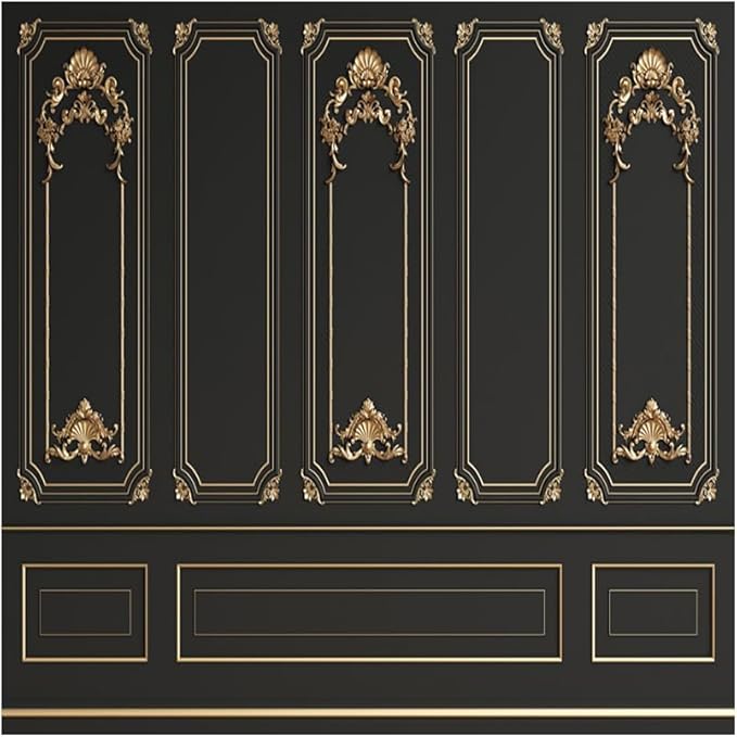 Leyiyi 10x10ft Black Gold Vintage Room Inside Backdrop European Frame Modern House French Castle Cementery Wall Retro Style Photo Background Cowboy Kids Birthday Portrait Studio Props Vinyl Wallpaper