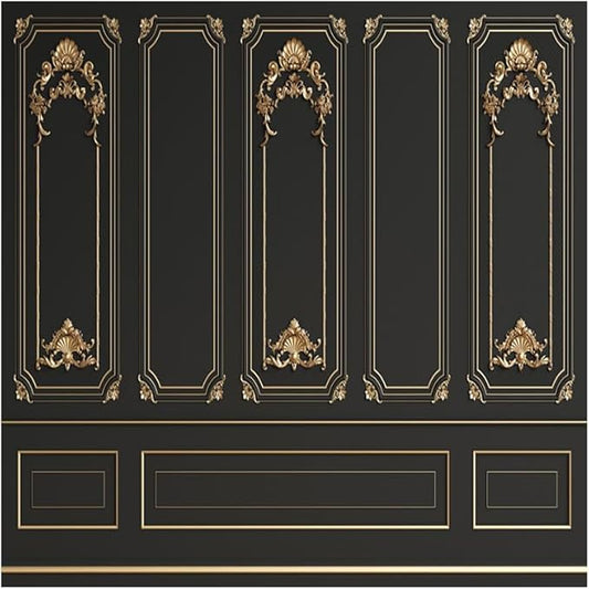 Leyiyi 10x10ft Black Gold Vintage Room Inside Backdrop European Frame Modern House French Castle Cementery Wall Retro Style Photo Background Cowboy Kids Birthday Portrait Studio Props Vinyl Wallpaper