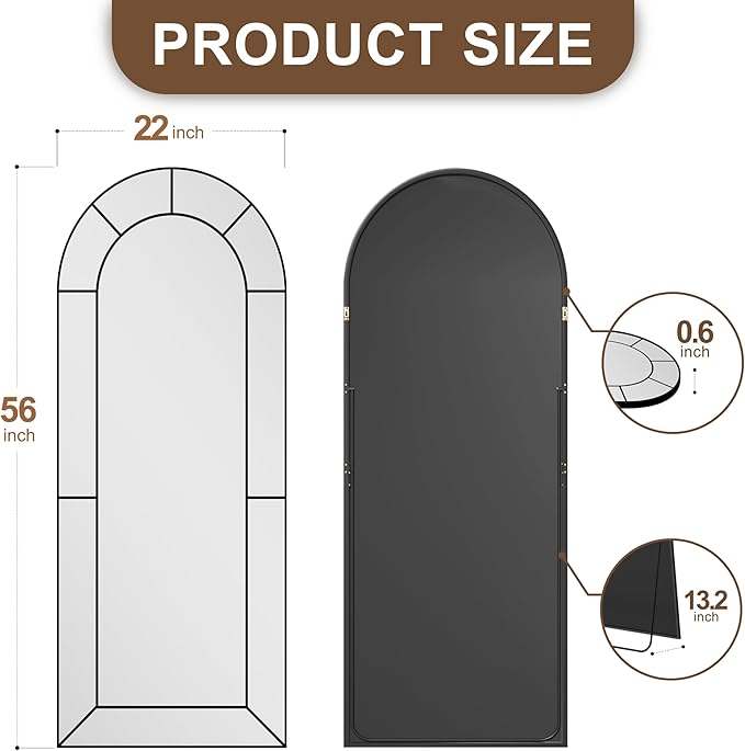 Wall Mirror,Full Length Floor, Window Pane for Living Room Decor, Decorative Wall Art, Large Wall for Bedroom, Hallway, Living Room Arch-56"X22"