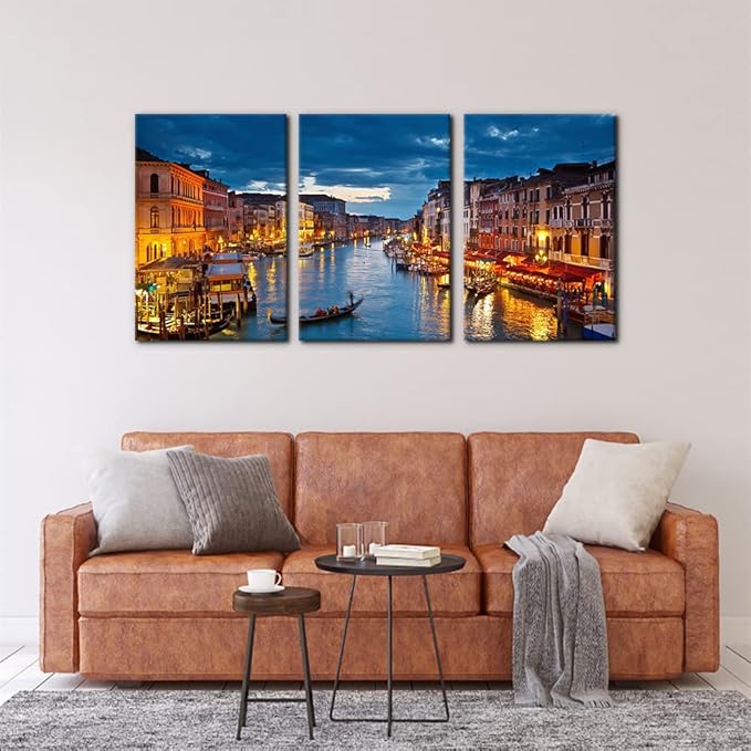 Pacimo 3 Piece Venice Night View Giclee Canvas Prints Wall Art Italy Venice Grand Canal at Night Picture Painting Print on Canvas Poster Modern Artwork Stretch and Framed Ready to Hang -16" x 24" x 3…