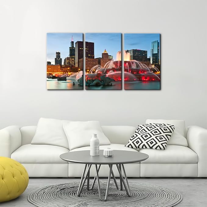 Pacimo Canvas Wall Art for Bedroom - Buckingham Fountain Painting Prints Chicago Cityscape Wall Decor Skyline Modern Artwork Home Decor Stretched and Framed Ready to Hang - 20"x28"x3 Panels